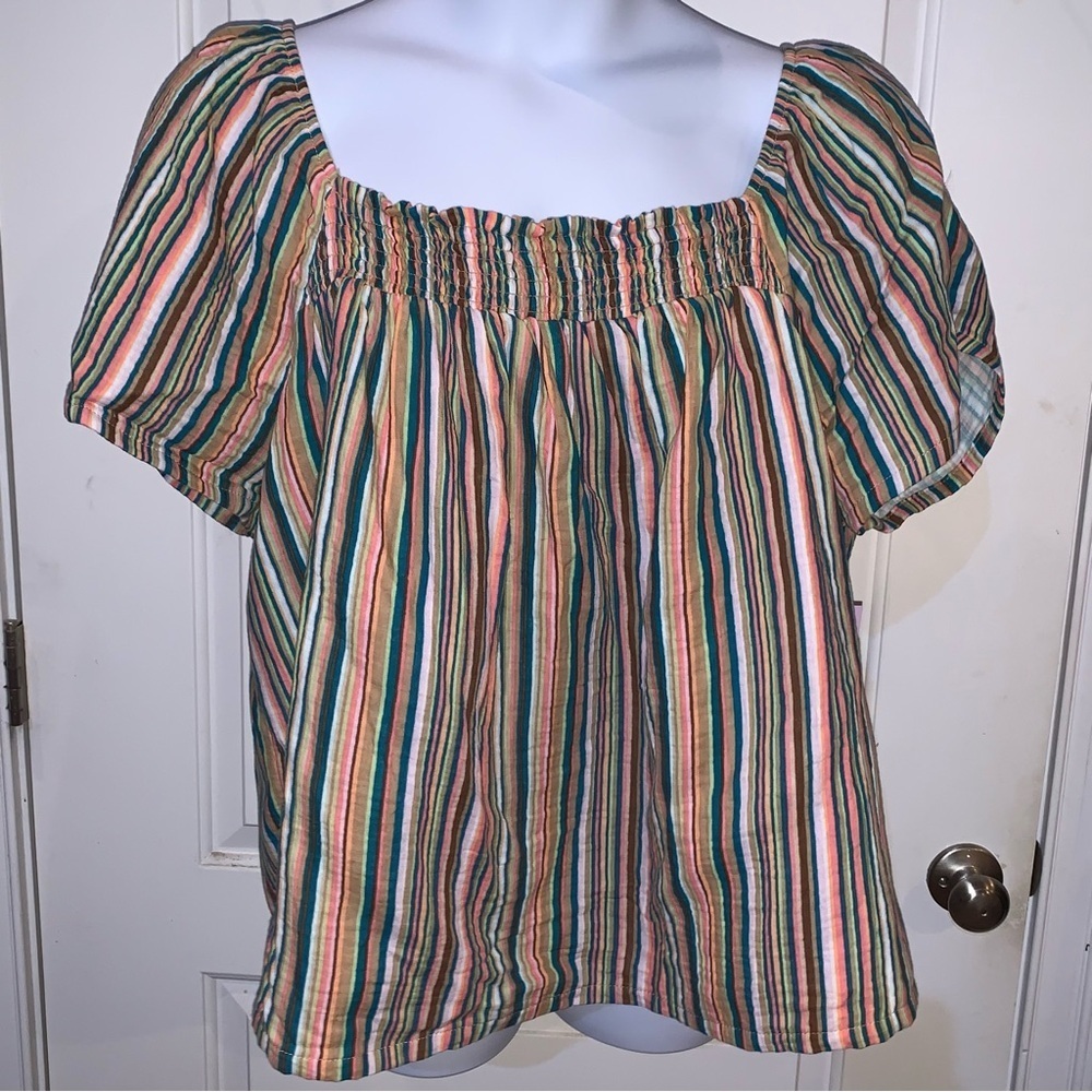 JoySpun peasant top smocked Neck 3x 22/24 Tropical Stripe Coral Teal